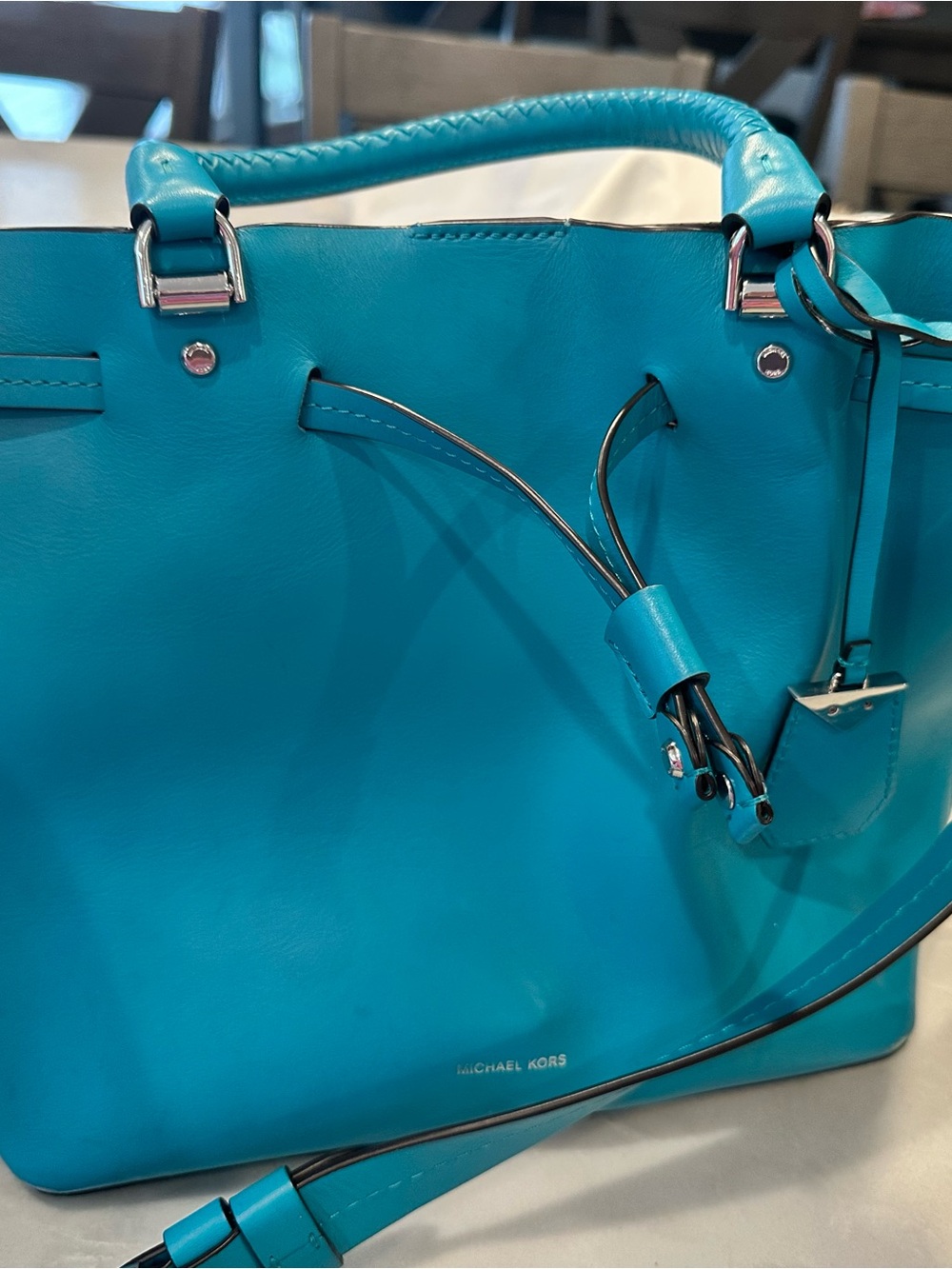 Michael Kors Turquoise Leather Tote with Braided Handle - Picture 6 of 9
